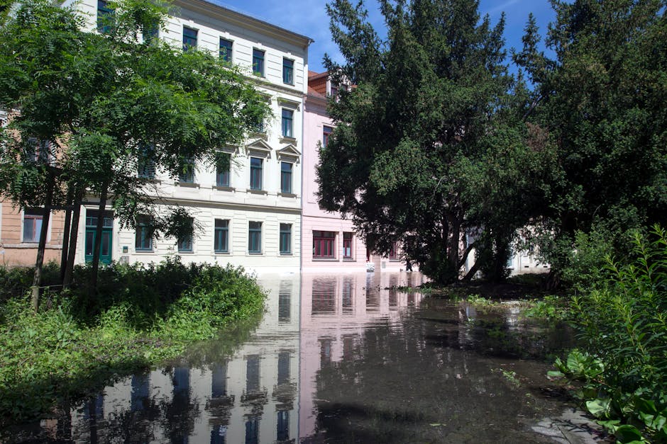 An outdoor residential area flooded with water, with multi-story buildings featuring white and pink facades and large windows in the background. The scene includes trees and bushes partially submerged